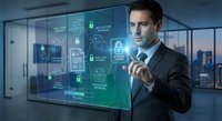 Professional businessman in suit interacting with digital cybersecurity interface displaying data protection icons and network security elements in modern office.