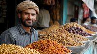 Middle Eastern merchant smiling at traditional spice market stall with colorful array of dried fruits, nuts, and spices in metal bowls. Local bazaar atmosphere.