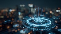 Digital scales of justice with glowing blue technology interface against blurred city skyline background at night.