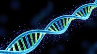 Glowing DNA double helix structure with luminous particles on dark background for genetic research and biotechnology concepts.