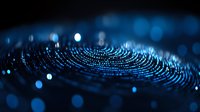 Glowing digital fingerprint pattern with blue bokeh lights on dark background, representing biometric security and personal data protection technology.