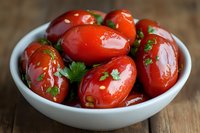 Fresh marinated plum tomatoes garnished with herbs in white ceramic bowl on rustic wooden table, bright red glossy vegetables with parsley.