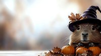 Adorable guinea pig wearing witch hat sits among autumn pumpkins and fall leaves against blurred background, creating magical Halloween atmosphere.