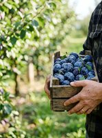 Farmer holding wooden crate filled with fresh blueberries in orchard during harvest season, suitable for agricultural and food industry marketing.