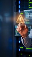 Businessman touching glowing warning triangle icon on futuristic digital interface in modern data center with server lights for cybersecurity alerts.