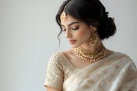 Young South Asian woman in traditional white and gold saree with ornate jewelry, elegant makeup, and classic updo hairstyle against light background, side profile portrait.
