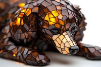 Glowing mosaic dog sculpture with amber light shining through stained glass pieces in brown and orange tones, lying down in relaxed pose on white surface.