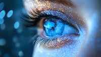 Magical blue eye with sparkling glitter makeup and long eyelashes in close-up view against blurred bokeh background, representing beauty and fantasy cosmetics.