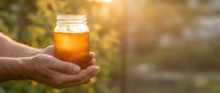 Close-up of male hand holding glass jar with golden honey against blurred garden background during sunset, suitable for food, agriculture, and organic product marketing.