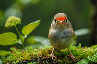Small orange-beaked songbird standing on green moss, front view close-up portrait with natural forest background and soft bokeh effect, wildlife photography.
