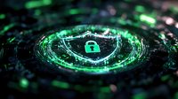 Glowing green padlock icon surrounded by digital circular elements and binary code patterns on dark background represents cybersecurity and data protection concept.