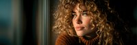 Young woman with curly blonde hair in cozy sweater looking pensively out window with warm natural lighting creating intimate atmospheric portrait.
