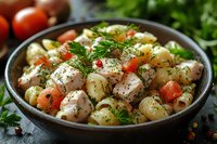 Fresh potato salad with tender chicken pieces, cherry tomatoes and dill garnish in rustic bowl. Homestyle comfort food with herbs and seasonings.