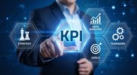 Businessman touching KPI key performance indicator interface with strategy, data analysis, goals and teamwork icons on digital blue background.