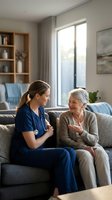 Young female nurse in blue scrubs consulting with elderly Caucasian woman patient on living room sofa during home healthcare visit for medical assistance.