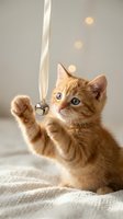Adorable orange tabby kitten with blue eyes playing with ribbon toy, reaching up with paws on soft blanket. Cute pet portrait for animal lovers and home decor.