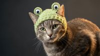 Adorable tabby cat wearing knitted frog hat with googly eyes and ears, funny pet costume for Halloween or dress-up play, humorous animal portrait.