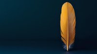 Golden feather floating against dark background, soft lighting highlights delicate barbs and rachis structure, creating dramatic contrast for artistic designs.