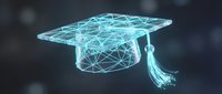 Digital graduation cap with glowing network connections representing online education technology and academic achievement in modern learning environment.