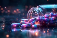 Glowing neon pills spilling from glass bottle with magical sparkles and bokeh lights on reflective surface, creating futuristic medical concept in pink and blue colors.