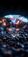 Brilliant cut diamond with light reflections resting on dark stones, dramatic lighting creates sparkle and fire effects against moody background.