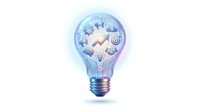 Light bulb with gears and arrows inside representing innovation, creativity and business ideas on transparent background for design projects.