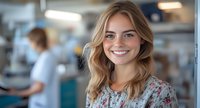 Young Caucasian woman with blonde wavy hair and bright smile wearing floral blouse in office environment, professional headshot with blurred background.