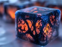 Frozen ice cube with trapped tree silhouette glowing orange and blue, macro photography showing intricate natural patterns and abstract winter texture.
