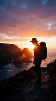 Silhouetted male hiker wearing hat and backpack stands on rocky coastal cliff at golden sunset, gazing at ocean horizon and dramatic sky. Adventure travel and outdoor exploration concept.