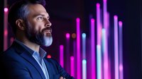 Middle-aged bearded businessman in dark suit looking ahead thoughtfully against blurred neon pink and purple lights background creating modern urban atmosphere.