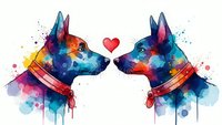Two colorful watercolor dogs facing each other with red heart between them on white background, perfect for romantic pet lover designs and prints.