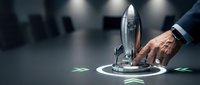 Business startup launch concept with hand pressing rocket button on futuristic interface for entrepreneurship and innovation projects.