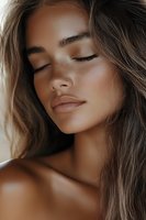 Young mixed race woman with freckles and natural makeup in soft lighting, eyes closed, showing serene expression. Long brown hair flows naturally. Close-up portrait captures peaceful mood.