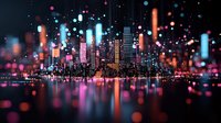 Modern cityscape skyline with glowing neon lights reflecting on water surface, illuminated by vibrant pink and blue bokeh lights creating dreamy urban nightscape atmosphere.