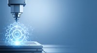 Industrial CNC machine tool with glowing gear hologram emerging from metal surface, representing advanced manufacturing technology and digital innovation in industrial production.