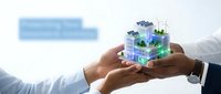 Businessman hands holding digital cube with renewable energy icons including wind turbines and solar panels representing sustainable technology solutions.