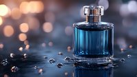 Luxury blue perfume bottle with water drops on dark reflective surface against blurred bokeh lights background, elegant fragrance presentation.