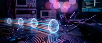 Futuristic digital interface with glowing holographic circles and circuit board patterns, representing artificial intelligence, data processing, and technology innovation for tech backgrounds.