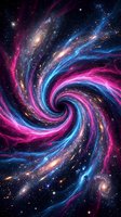 Cosmic spiral galaxy with vibrant neon pink and electric blue energy waves swirling through starfield. Ideal for space, science fiction, and futuristic design projects.