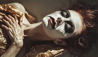 Young woman with dramatic white face makeup, dark red lips and long false eyelashes lying with closed eyes in artistic theatrical portrait. Golden fabric adds luxury feel.