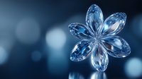 Crystal clear flower with six petals in luminous blue tones against dark background with bokeh lights creating magical atmosphere. Elegant decorative element.
