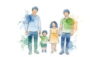Watercolor illustration of happy family with two fathers and children holding hands together on white background isolated for design use.
