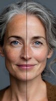 Comparison of mature woman with natural aging and retouched appearance showing beauty at different stages of life against gray background.
