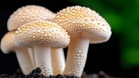 White mushrooms with water drops growing in cluster on dark soil against green blurred background, macro nature photography showing delicate texture and dewdrops.