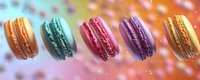 Colorful macarons in orange, teal, pink, purple, and yellow arranged in a row with bokeh background. Perfect for dessert menu or bakery advertising.