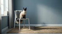 Siamese cat sitting on wooden stool in modern minimalist living room with blue wall and natural sunlight streaming through window.