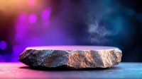 Mystical stone with rising smoke on dark background illuminated by colorful neon lights creating magical atmosphere for spiritual and meditation concepts.