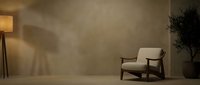 Minimalist modern living room interior with beige armchair, floor lamp and plant creating warm ambient lighting and cozy atmosphere for home decor.