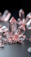 Pink quartz crystal cluster with geometric formations on dark surface surrounded by scattered gemstones for healing and meditation practices.