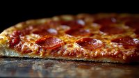 Closeup of fresh pepperoni pizza with melted mozzarella cheese on crispy crust, photographed from low angle showing texture and layers on dark background.